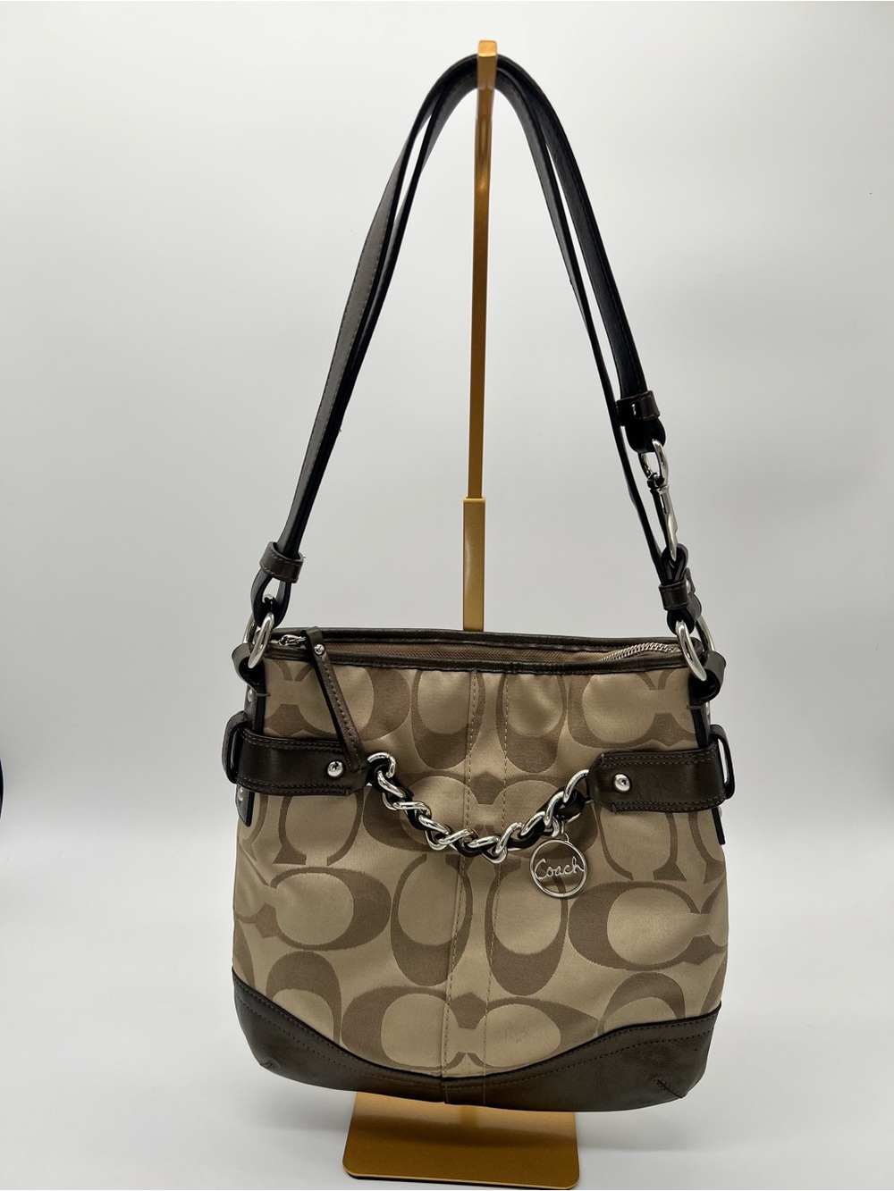 Coach Khaki and Dark Brown Signature Canvas Shoulder Bag F19730